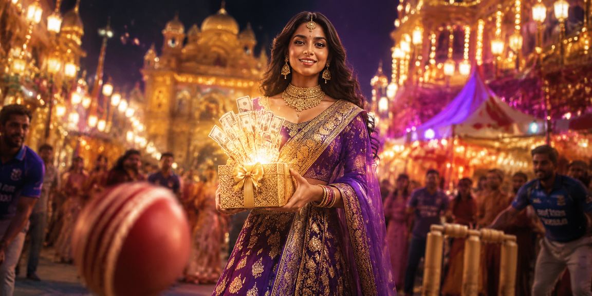 Night market scene in India with cricket and slot gaming illuminated